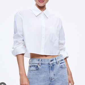 Alice + Olivia Finley White Cropped Button-Up Shirt